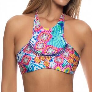 NEW LULI FAMA beautiful mess curved stitch high neck bikini top in multi